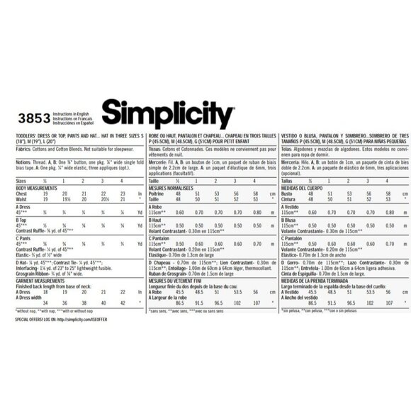 Simplicity Easy Toddler Sewing Pattern 3853 Dress Pants Top Hat Sizes 1/2-4 - Picture 2 of 2